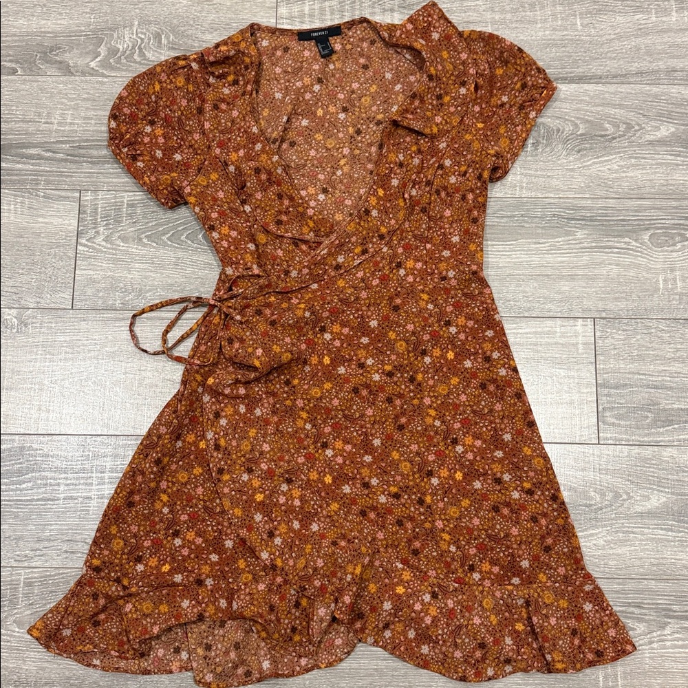 Forever 21 Red Orange Mini Dress with Puff Cap Sleeves